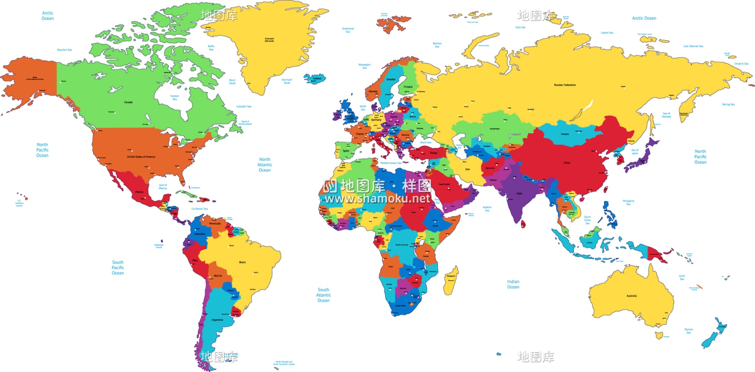 三款世界版图矢量英文地图（按国分色可改文字颜色）_图3
