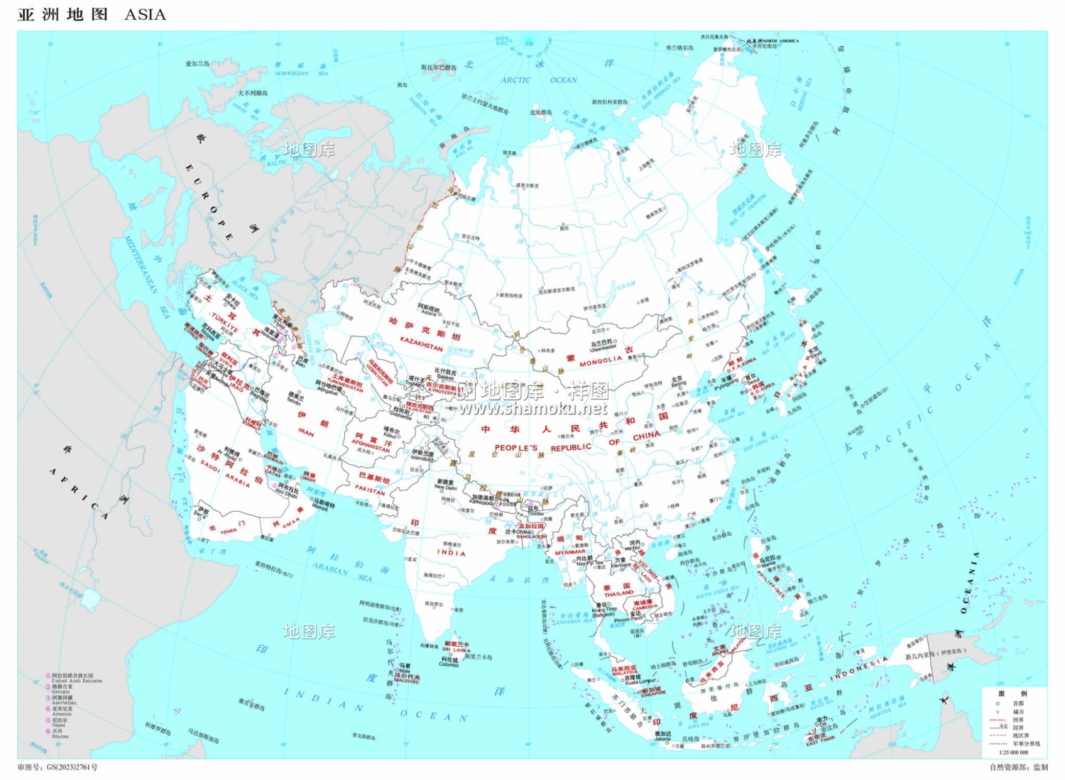 亚洲地图高清中文版_亚洲地图国家分布图_白色版_图1