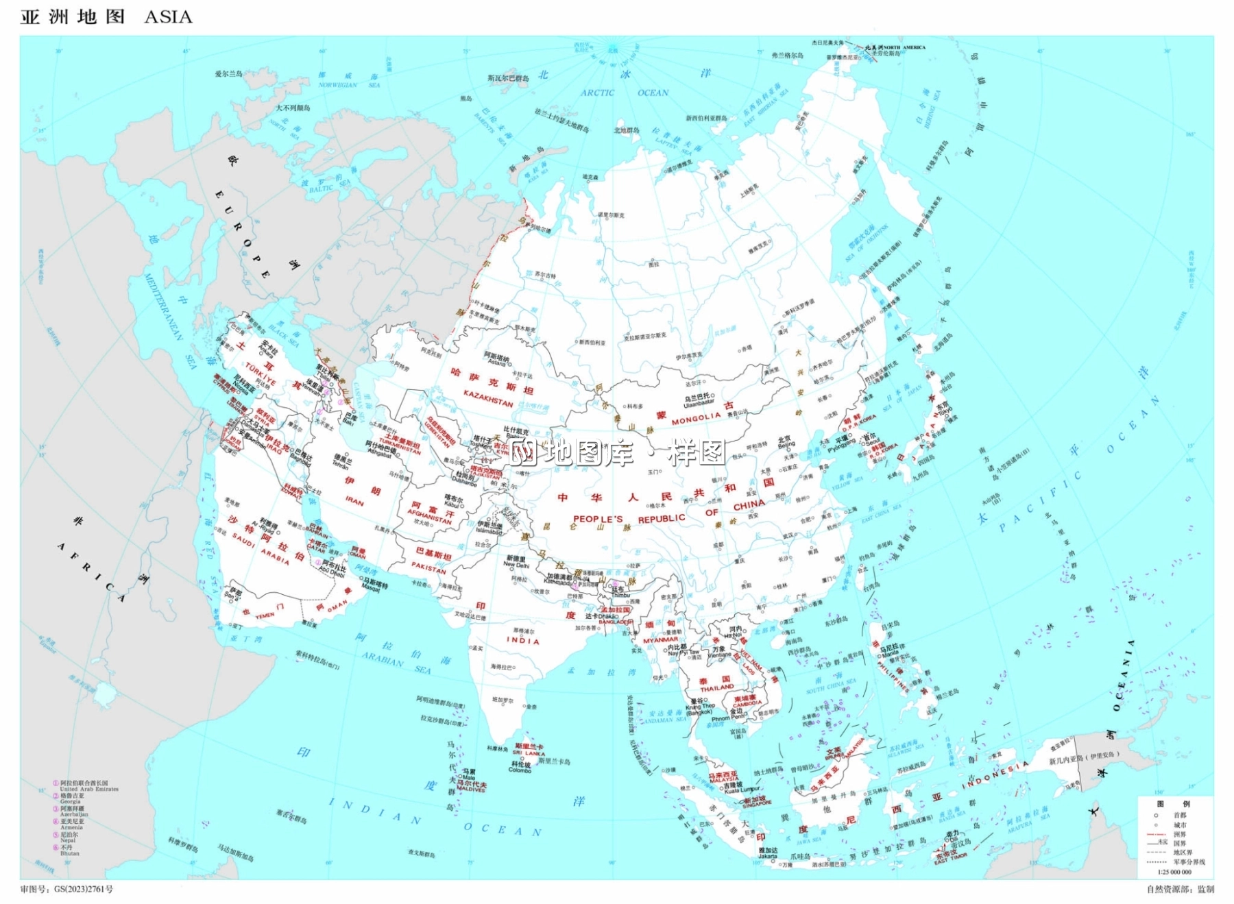 亚洲地图高清中文版_亚洲地图国家分布图_白色版_图1