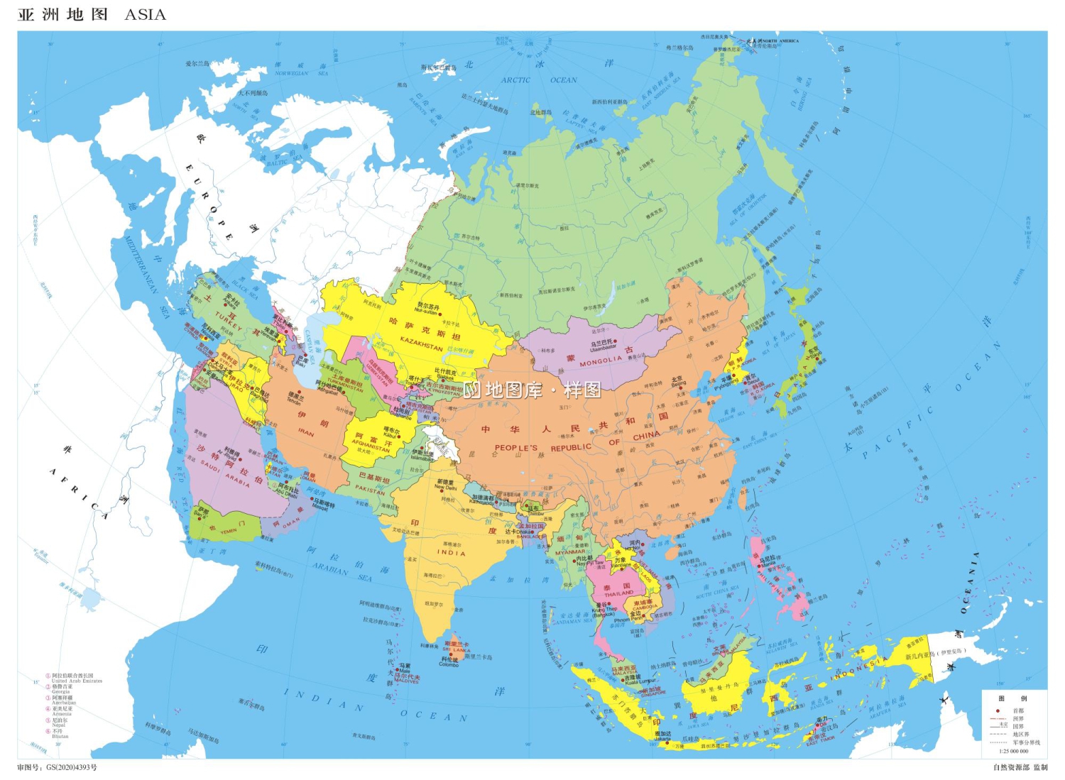 亚洲地图高清地图_亚洲地图国家分布图_彩色版_图1