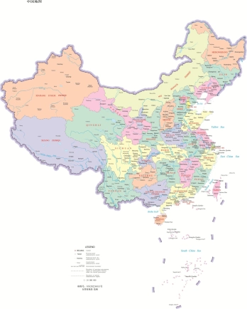 国内能用的英文版中国地图-分省设色 界线版 无邻国