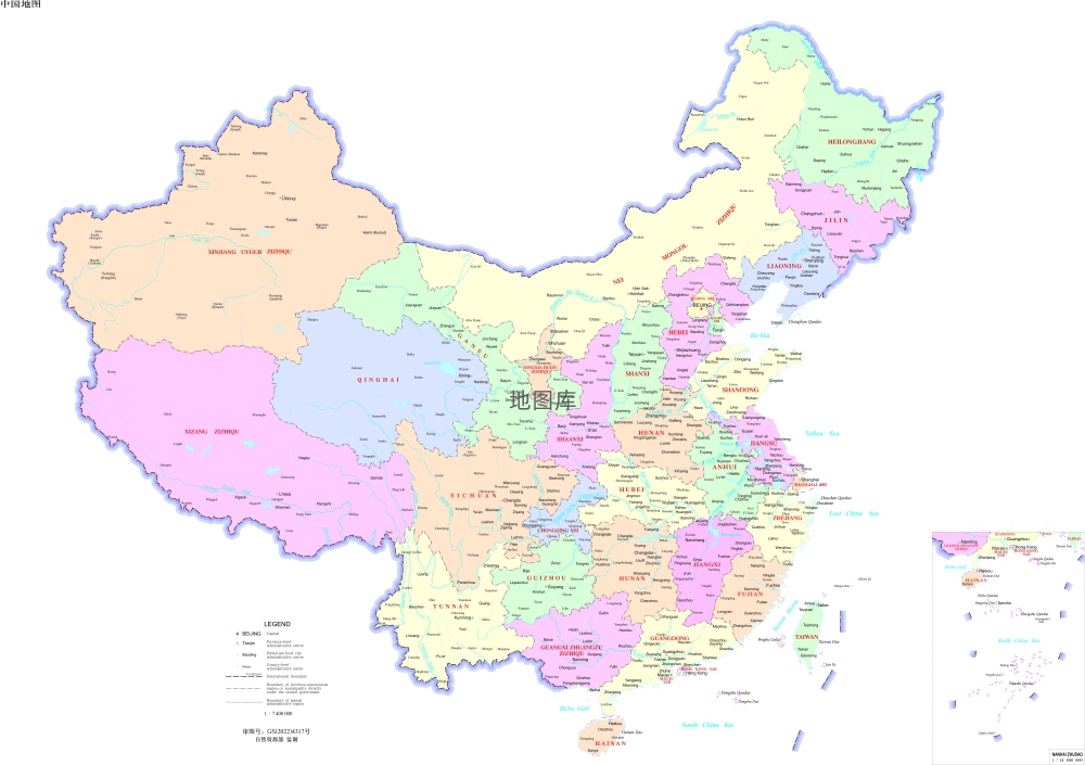中国地图英文版大图_分省设色 界线版 无邻国_图1