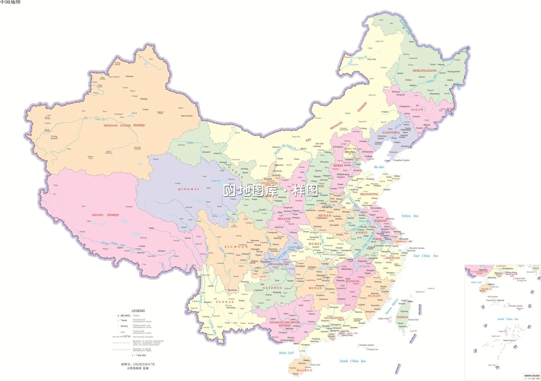 中国地图英文版大图_分省设色 界线版 无邻国_图1