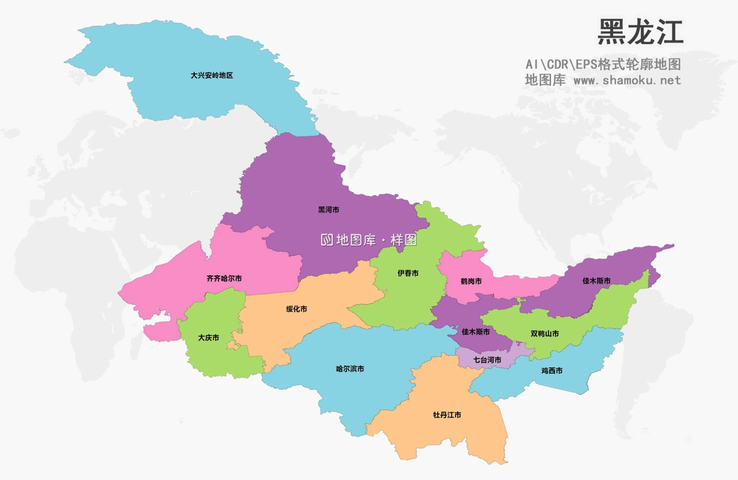 黑龙江矢量地图彩色轮廓版-AI、CDR、EPS格式源文件_图1