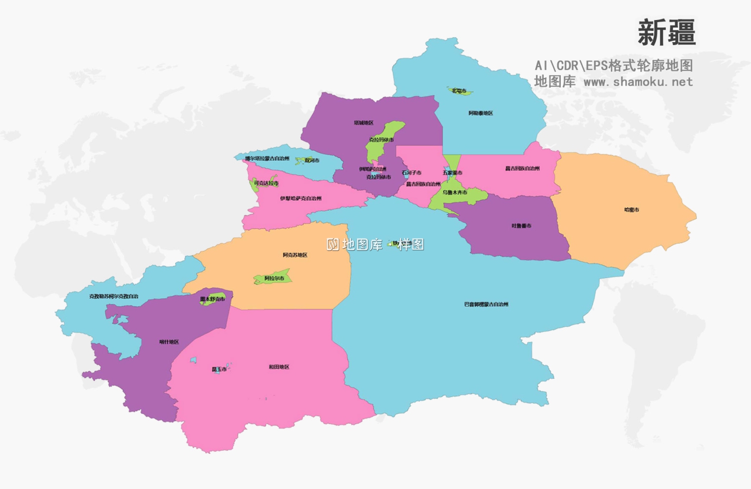 新疆各市区轮廓地图AI、CDR、EPS矢量可编辑源文件_图1