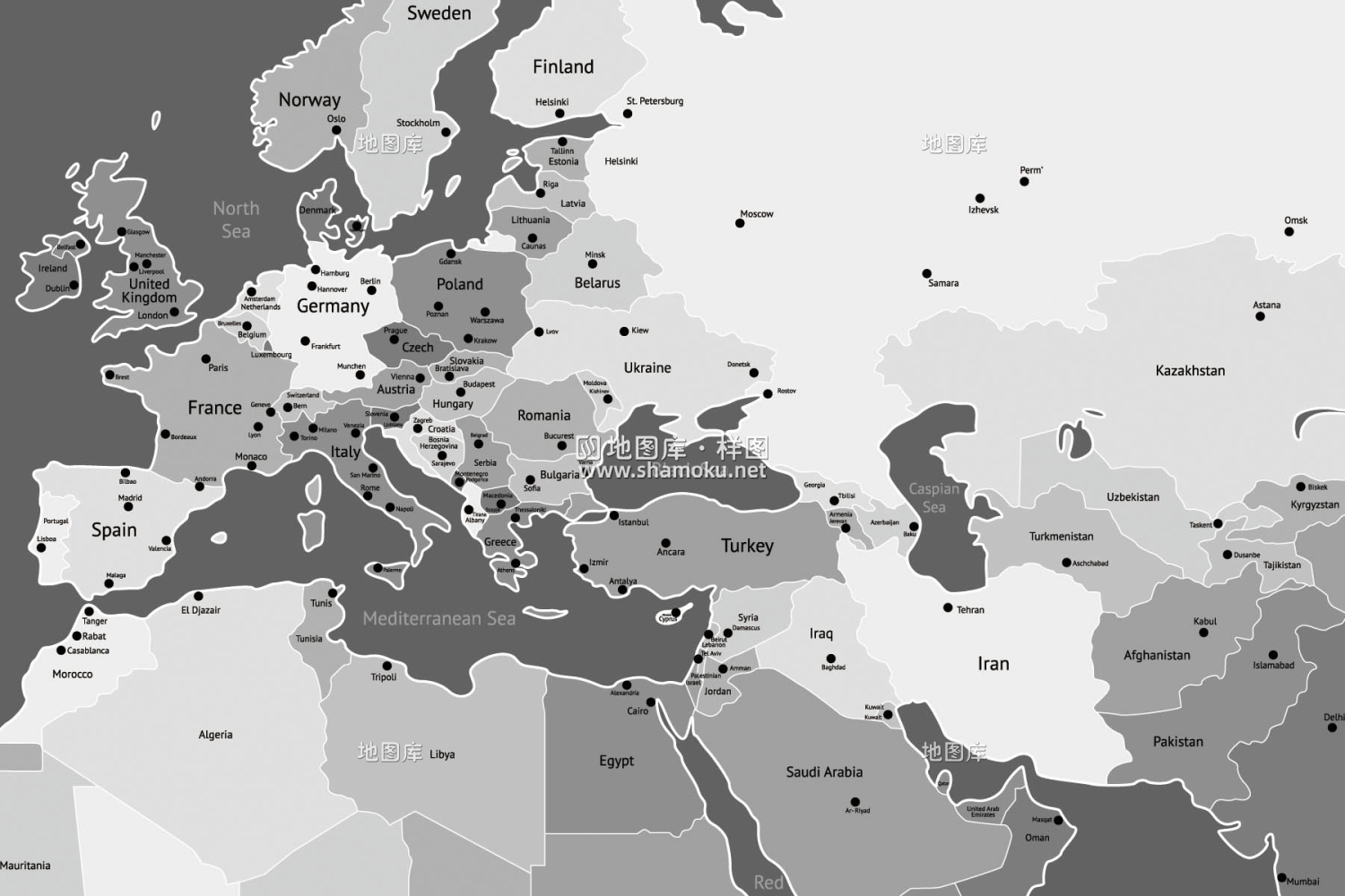 世界地图黑白系带英文国家首都矢量地图可编辑_图2