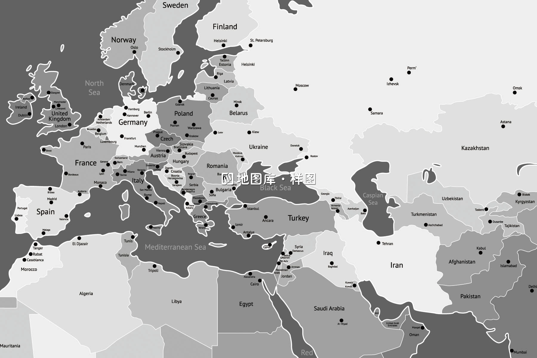 世界地图黑白系带英文国家首都矢量地图可编辑_图2
