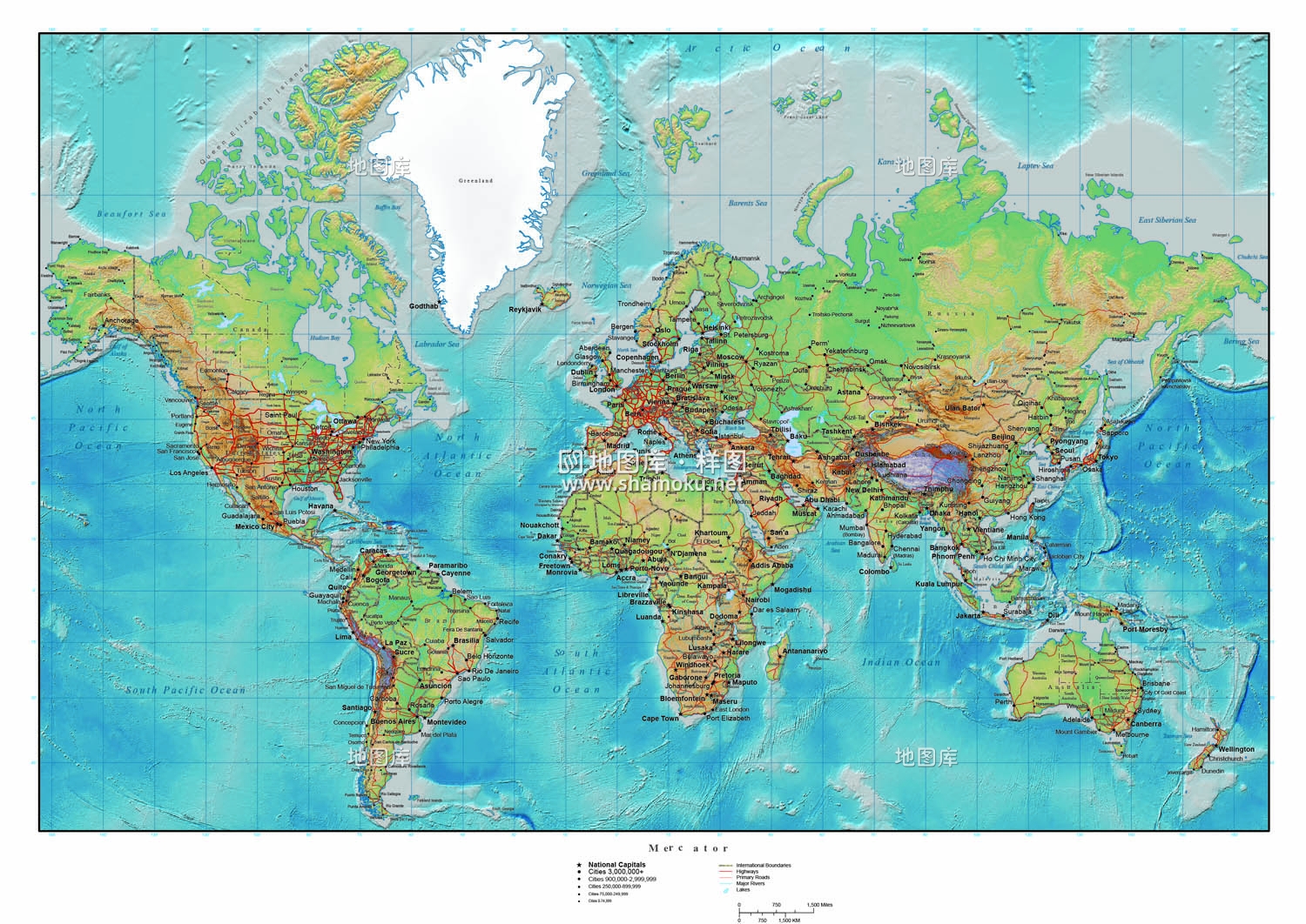 世界山丘海洋地形地势地图墨卡托投影英文版_图1