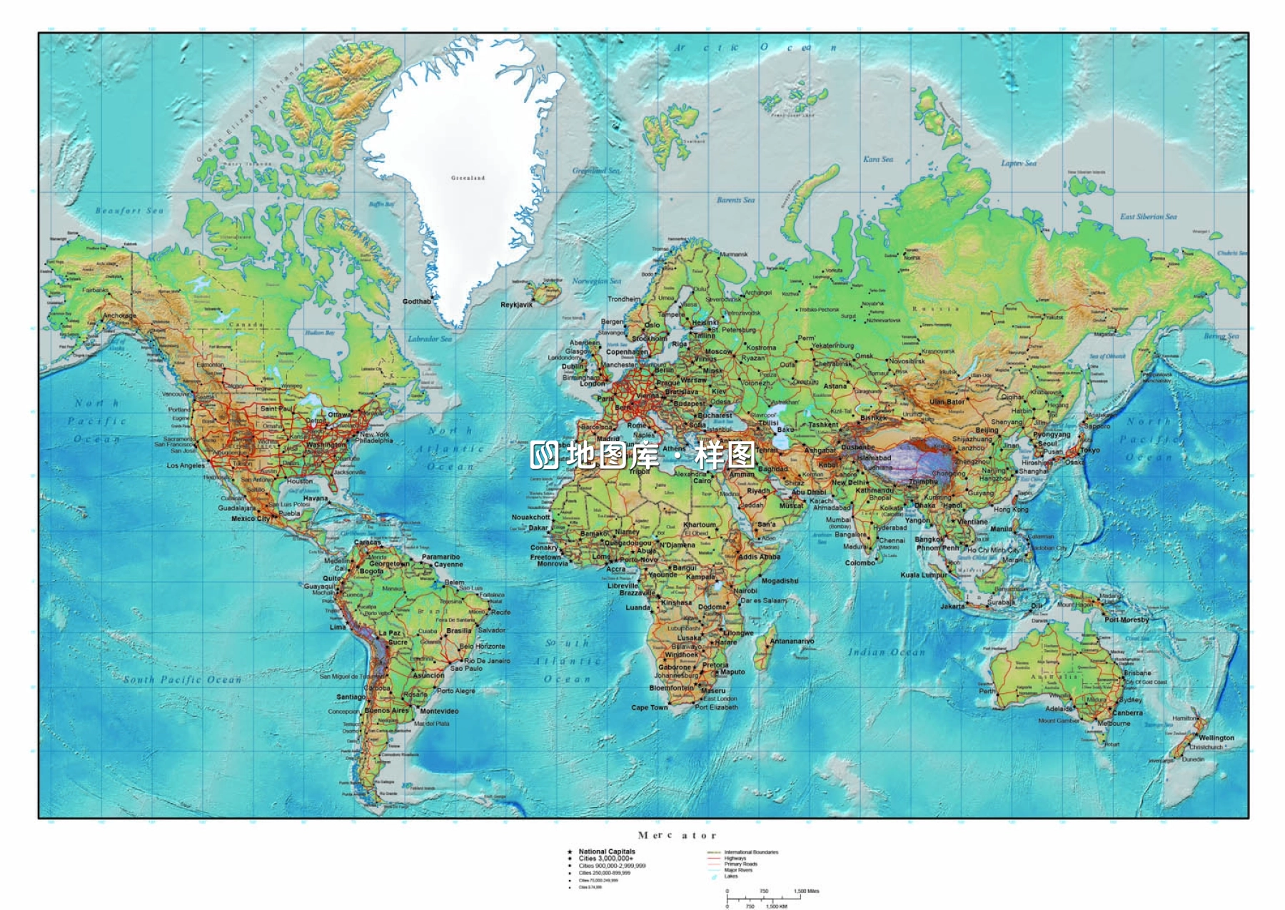 世界山丘海洋地形地势地图墨卡托投影英文版_图1