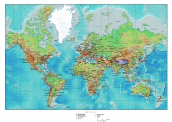 世界山丘海洋地形地势地图墨卡托投影英文版