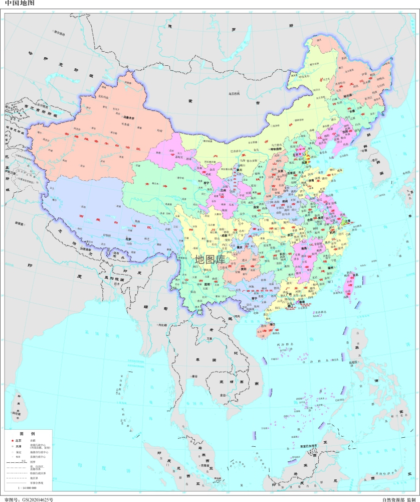中国彩色地图_界线版 有邻国 有河流 竖版_图1