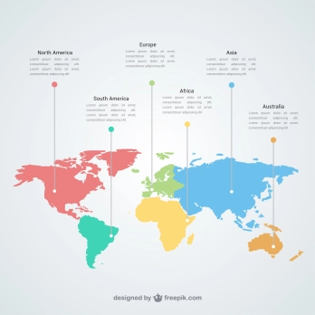 世界地图各大洲分色矢量标注图