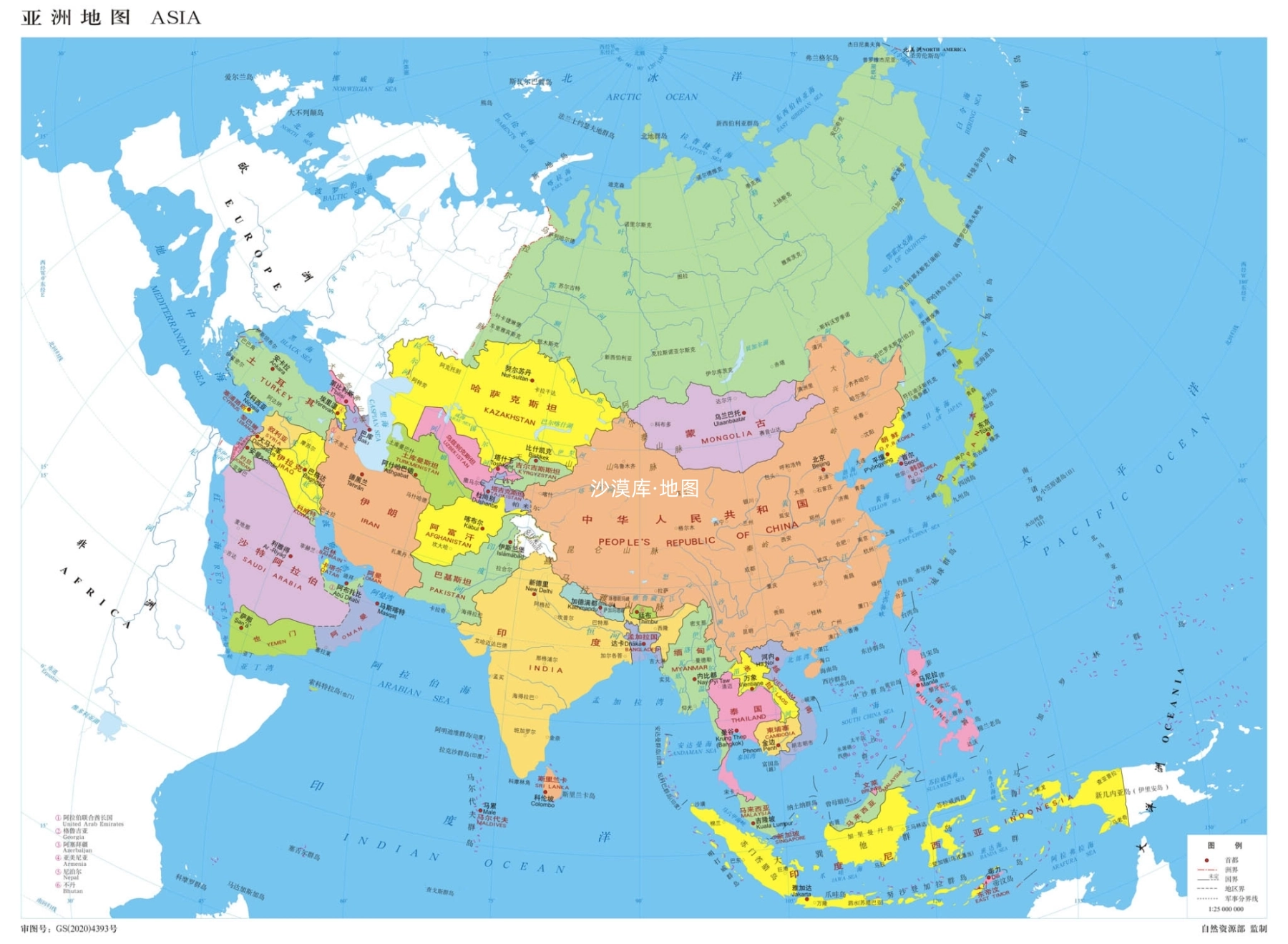 亚洲地图高清地图_亚洲地图国家分布图_彩色版_图1