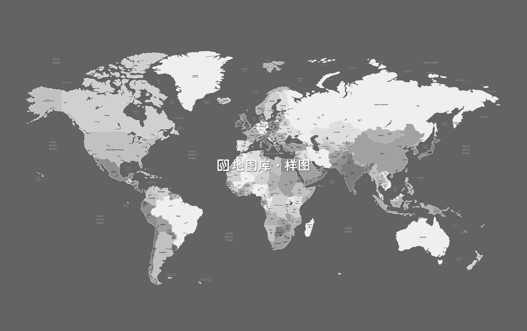 世界地图黑白系带英文国家首都矢量地图可编辑_图1