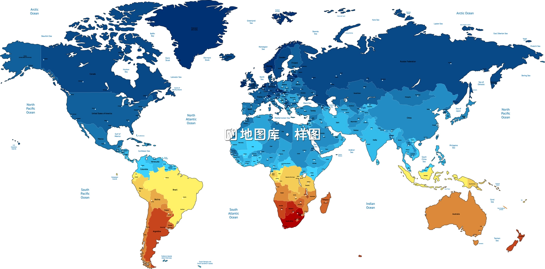 三款世界版图矢量英文地图（按国分色可改文字颜色）_图2