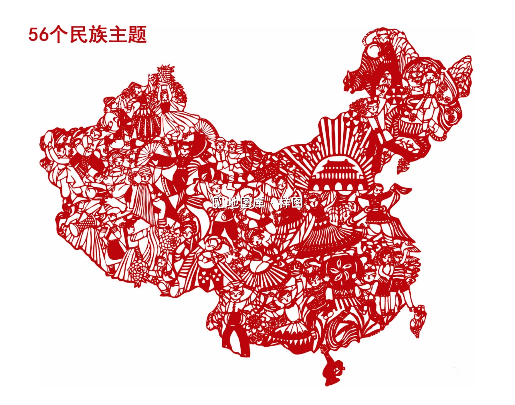 四种主题中国剪纸地图矢量格式_地图剪纸轮廓打印、雕刻_图2