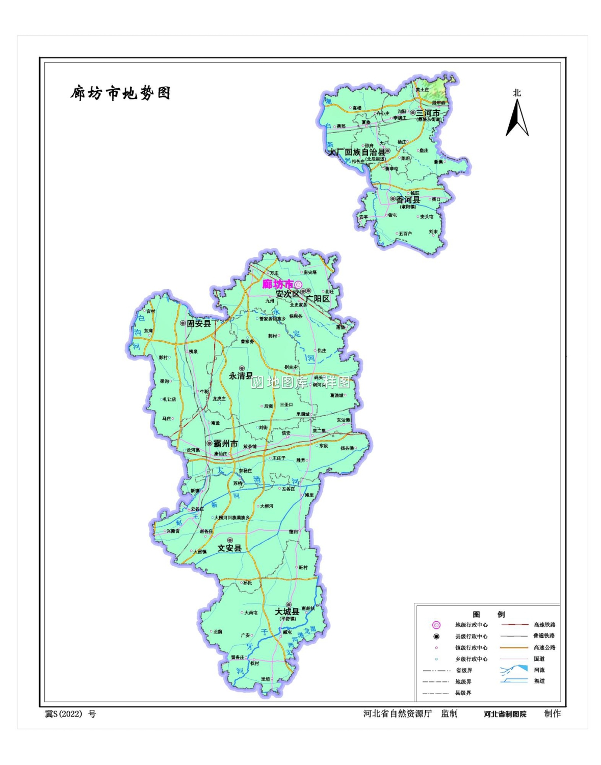 河北廊坊市地图、水系交通版、地势版地图_图2
