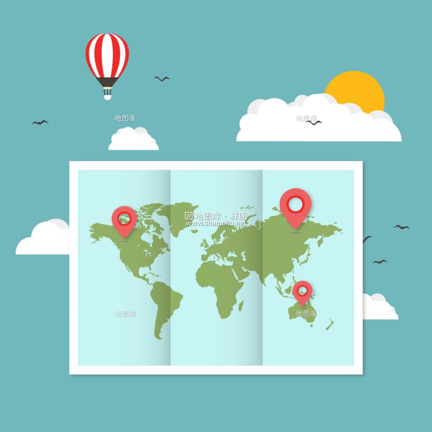 世界地图热气球样式世界地图轮廓单色_图1