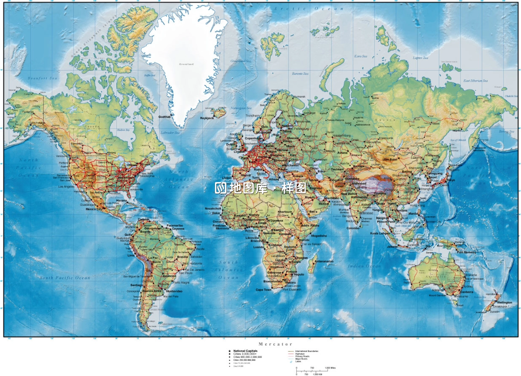 世界矢量地图写实风地势版带英文国家城市名称_图1