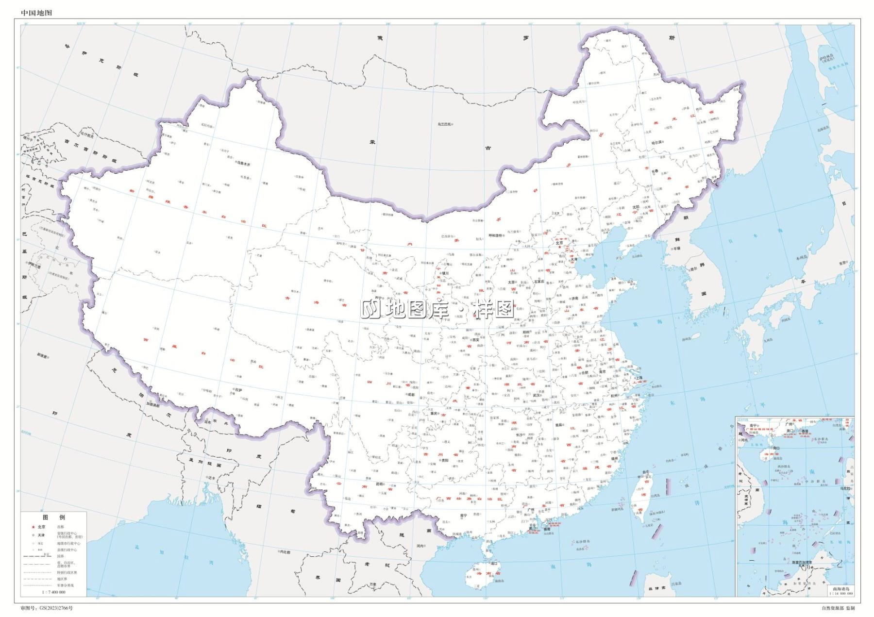 中国地图高清版大图电子版_界线版 有邻国 无河流 横版_图1
